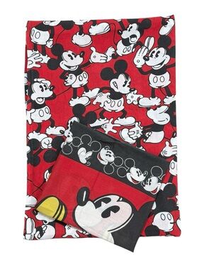Vintage Disney Mickey Mouse Flat Sheet & Pillowcase Fabric Full Red Black